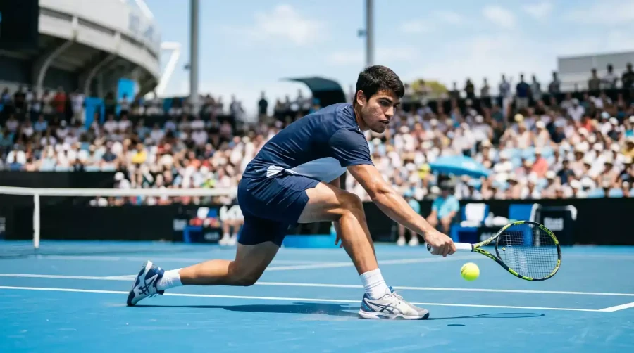 Pista dura azul de Melbourne Park Rod Laver Arena con jugador de tenis bajo sol intenso y calor extremo de enero