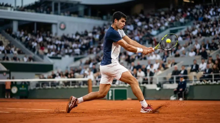 Pista de tierra batida naranja del Masters 1000 con jugador ATP disputando punto desde el fondo de la pista