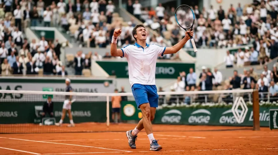 Jugador de tenis profesional en pista de tierra batida con raqueta en mano celebrando punto en torneo ATP, representando el análisis de cuotas de Alcaraz