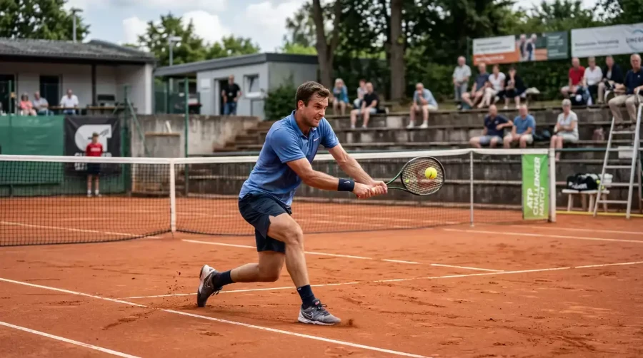 Jugador de tenis ATP en torneo Challenger sobre pista de tierra batida con pocos espectadores en gradas pequeñas