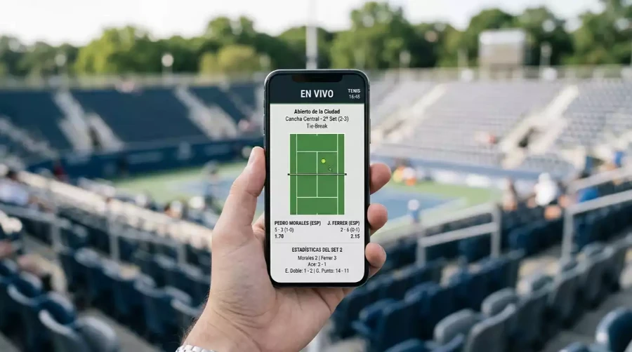 Mano sosteniendo smartphone con app de apuestas deportivas de tenis mostrando partido ATP en vivo, operador con licencia DGOJ en España
