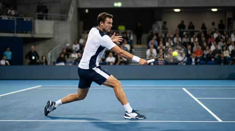 Jugador de tenis profesional en pista dura azul con stance de fondo de pista potente, representando el análisis de cuotas de Sinner en hardcourt ATP