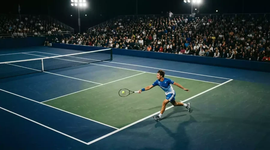 Pista dura azul del USTA Billie Jean King National Tennis Center en Nueva York con jugador de tenis en partido nocturno