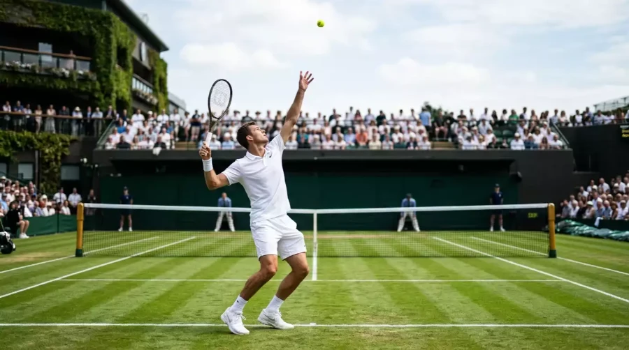 Pista de cesped del All England Club con jugador de tenis en posicion de saque y cuotas en pantalla para apostar Wimbledon