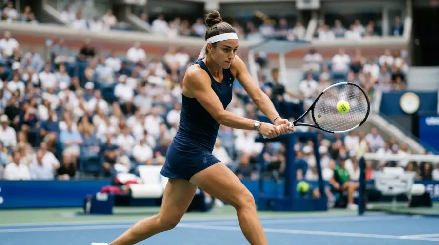 Jugadora de tenis femenino en pista dura durante partido WTA con raqueta en alto tras golpe de derecha