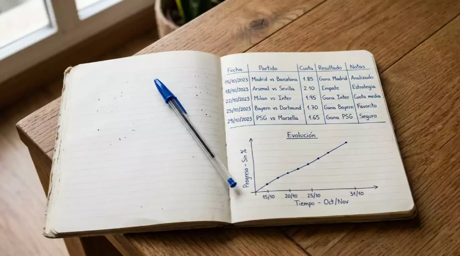 Cuaderno de registro de apuestas de tenis con columnas de resultados y gráfico de evolución de bankroll sobre mesa de madera