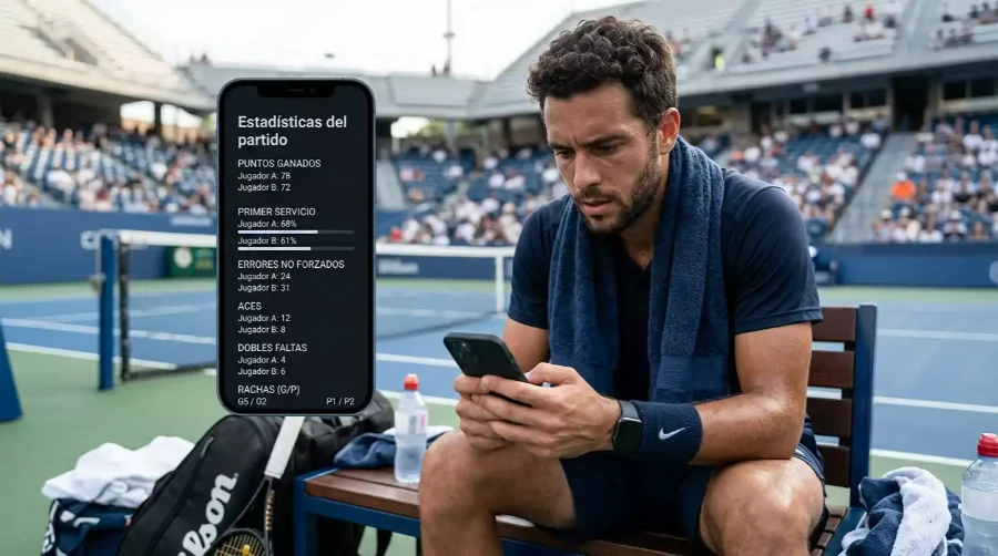 Jugador de tenis profesional en pista dura revisando smartphone durante cambio de lado, ilustrando la decisión de cash out en apuestas de tenis en vivo