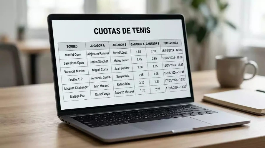 Pantalla de ordenador con tabla comparativa de cuotas de tenis ATP en tiempo real, representando el análisis de movimiento de cuotas para apuestas