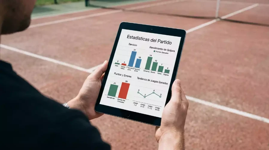 Analista deportivo consultando estadísticas avanzadas de tenis en tablet con gráficos de porcentaje de primer servicio y break points por superficie ATP
