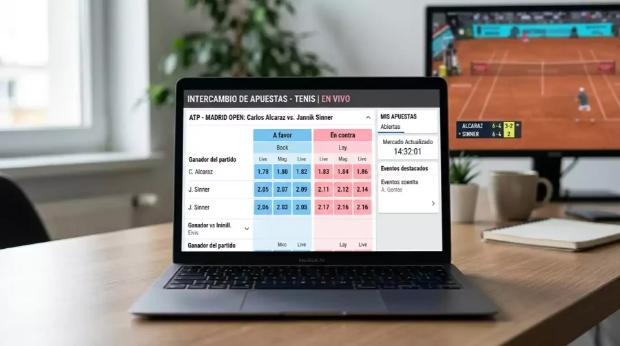 Interfaz de Betfair Exchange mostrando columnas de back y lay con cuotas en tiempo real para partido de tenis ATP