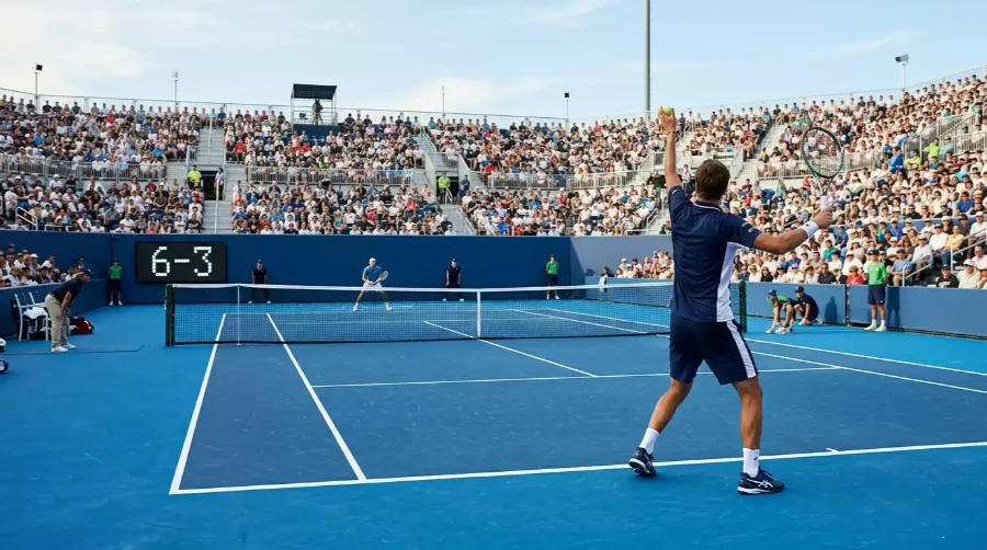 Pista de tenis ATP con jugador al fondo y marcador electrónico, representando handicap por sets y juegos en apuestas de tenis