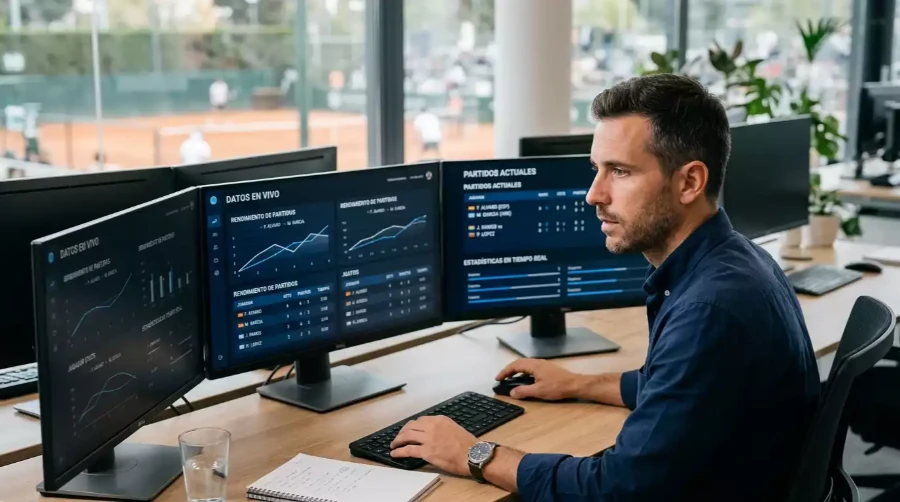 Monitor con sistema de alerta de apuestas sospechosas y logotipo IBIA junto a pista de tenis en fondo borroso