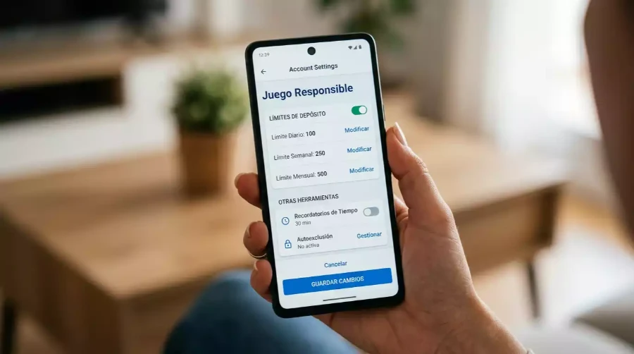 Pantalla de configuración de cuenta con herramientas de límite de depósito y autoexclusión en operador de apuestas DGOJ