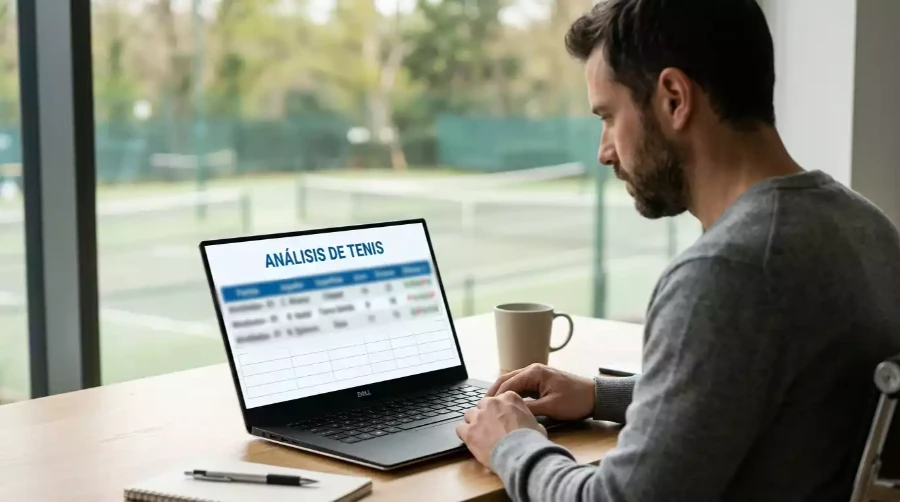 Analista de tenis revisando estadísticas y pronósticos en portátil con pista de tenis visible al fondo, representando la evaluación de tipsters de apuestas