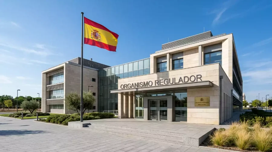 Edificio oficial de organismo regulador con bandera de España y documentos de licencia de operadores de apuestas deportivas